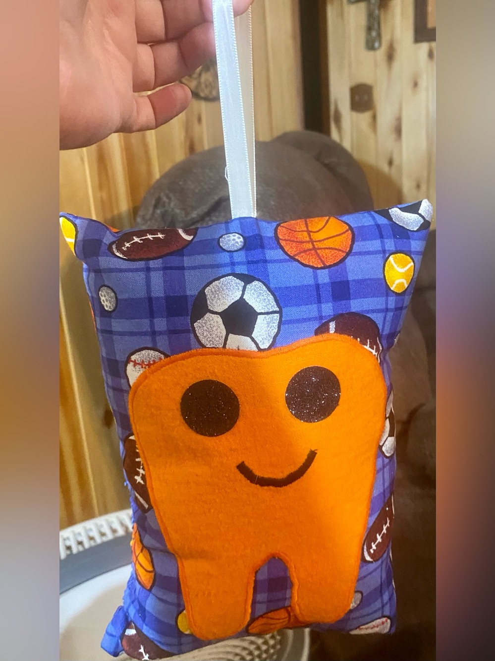 Handmade Tooth Fairy Pillow Orange Smiling Tooth Glittery Eyes Sport Balls